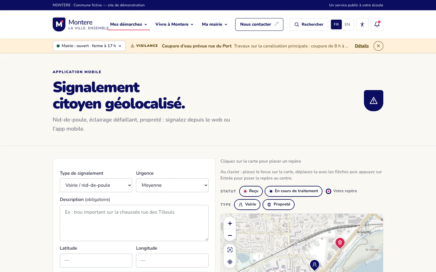 Page de signalement du site démo : formulaire en quelques champs et carte pour situer le problème.