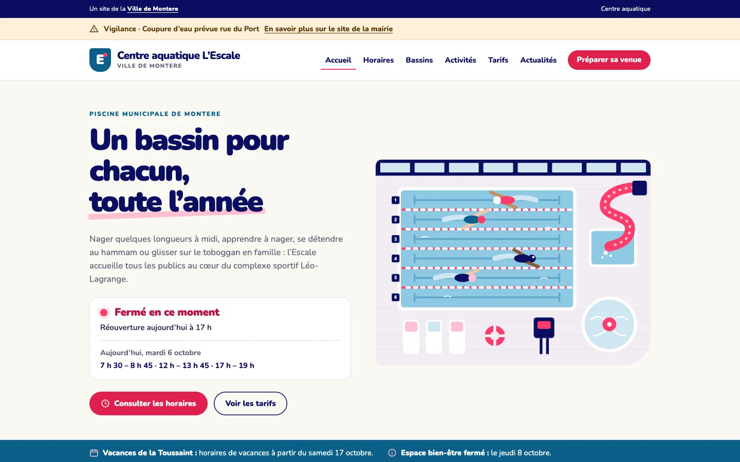 Accueil du site du centre aquatique de Montere.
