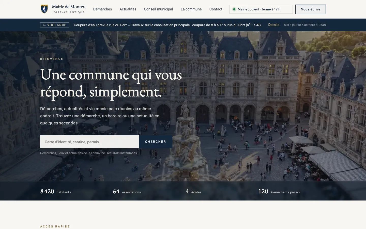 Accueil du design alternatif de Montere : grande photo de la ville et titre à empattements.