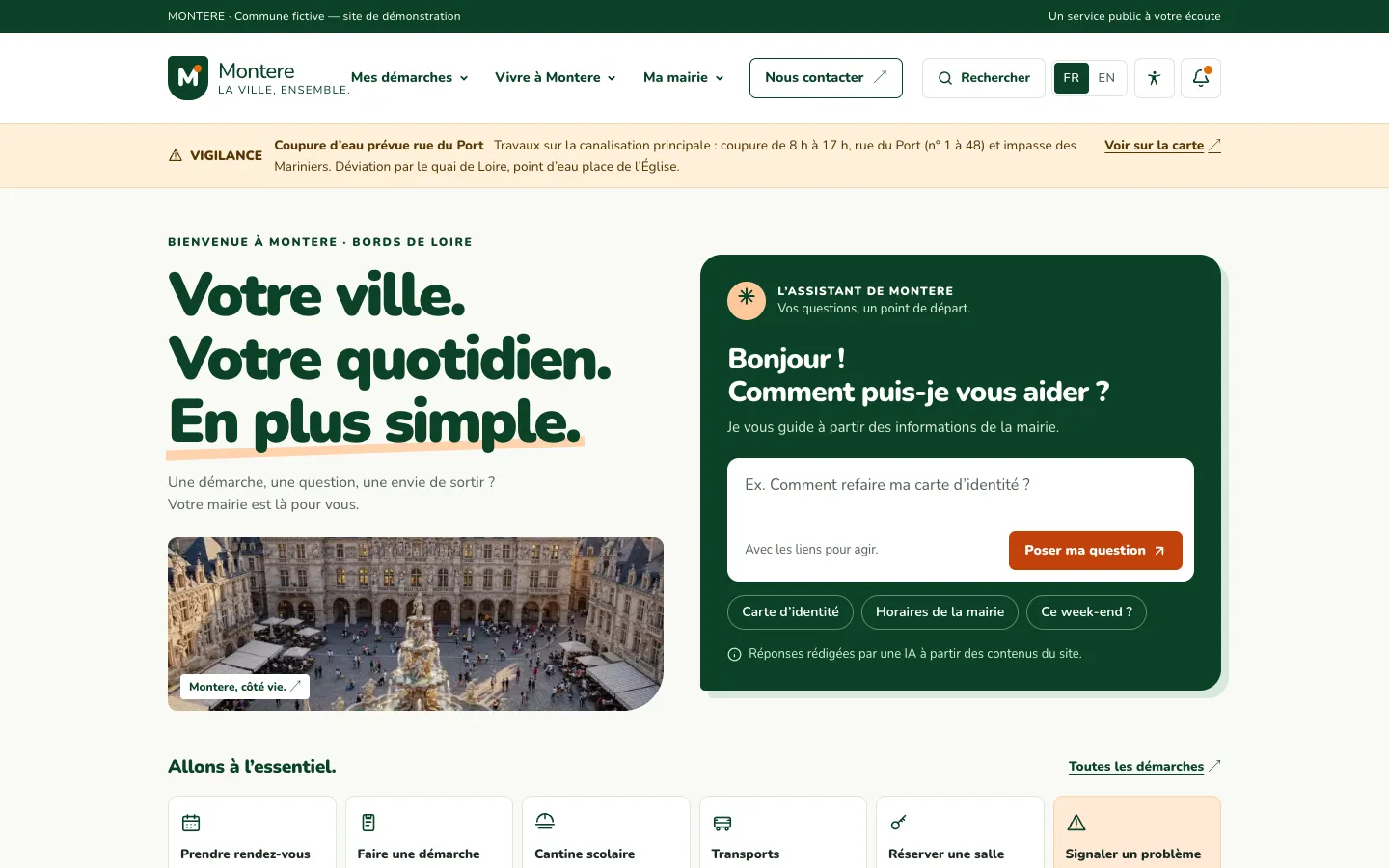 Accueil du site démo de Montere avec l'habillage Coteaux, en vert.