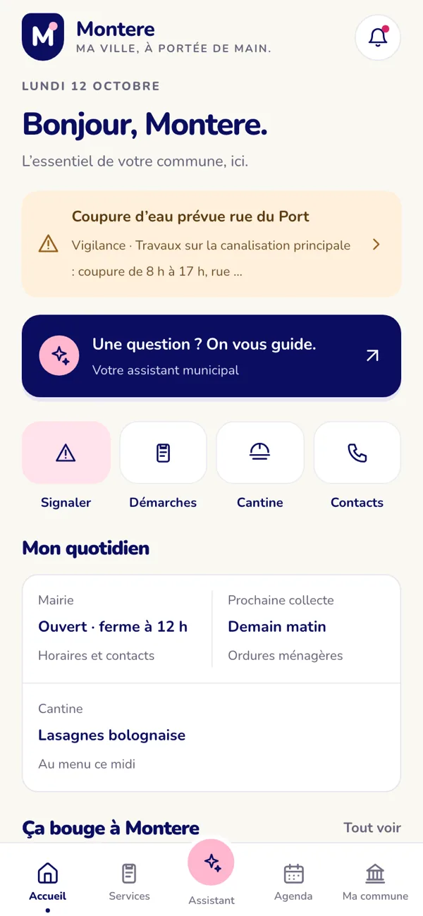 L'application de Montere sur téléphone : accueil avec l'alerte en cours, la prochaine collecte et le menu de la cantine.