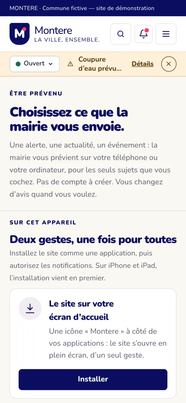 L'écran des notifications de Montere : l'habitant choisit ce que la mairie lui envoie.