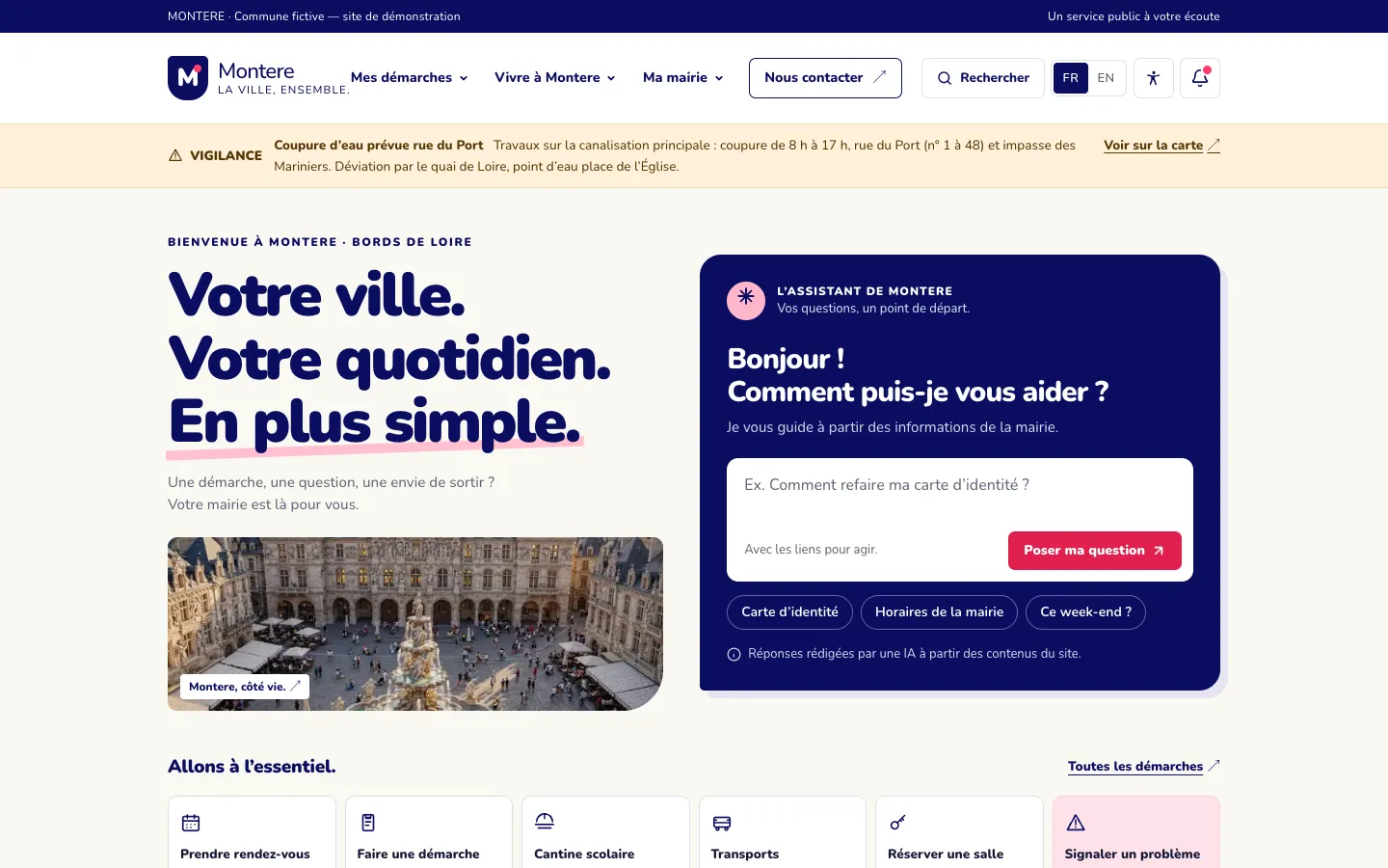 Le site démo de Montere en trois habillages : Ensemble, Coteaux et Alternatif.